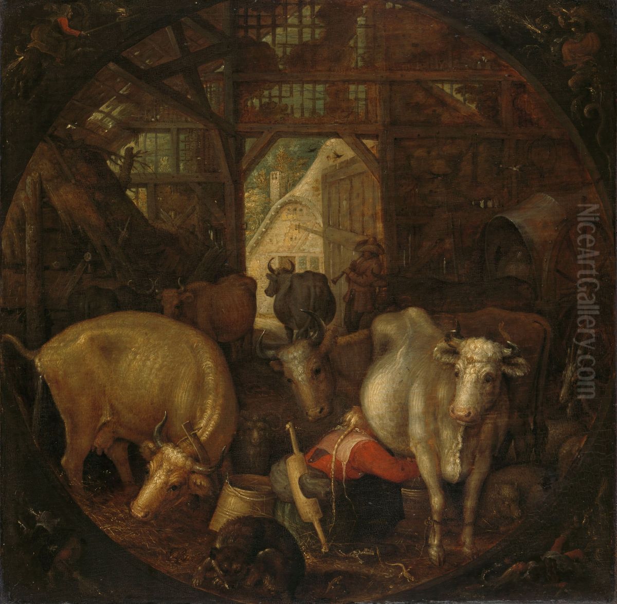 Cows in a stable; witches in the four corners Oil Painting by Roelant Savery Cows in a stable; witches in the four corners Oil Painting by Roelant Savery