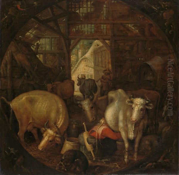 Cows in a stable; witches in the four corners Oil Painting by Roelant Savery
