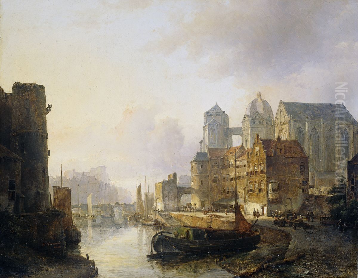 Gefantaseerd gezicht in een stad aan een rivier met de Dom te Aken Oil Painting by Kaspar Karsen