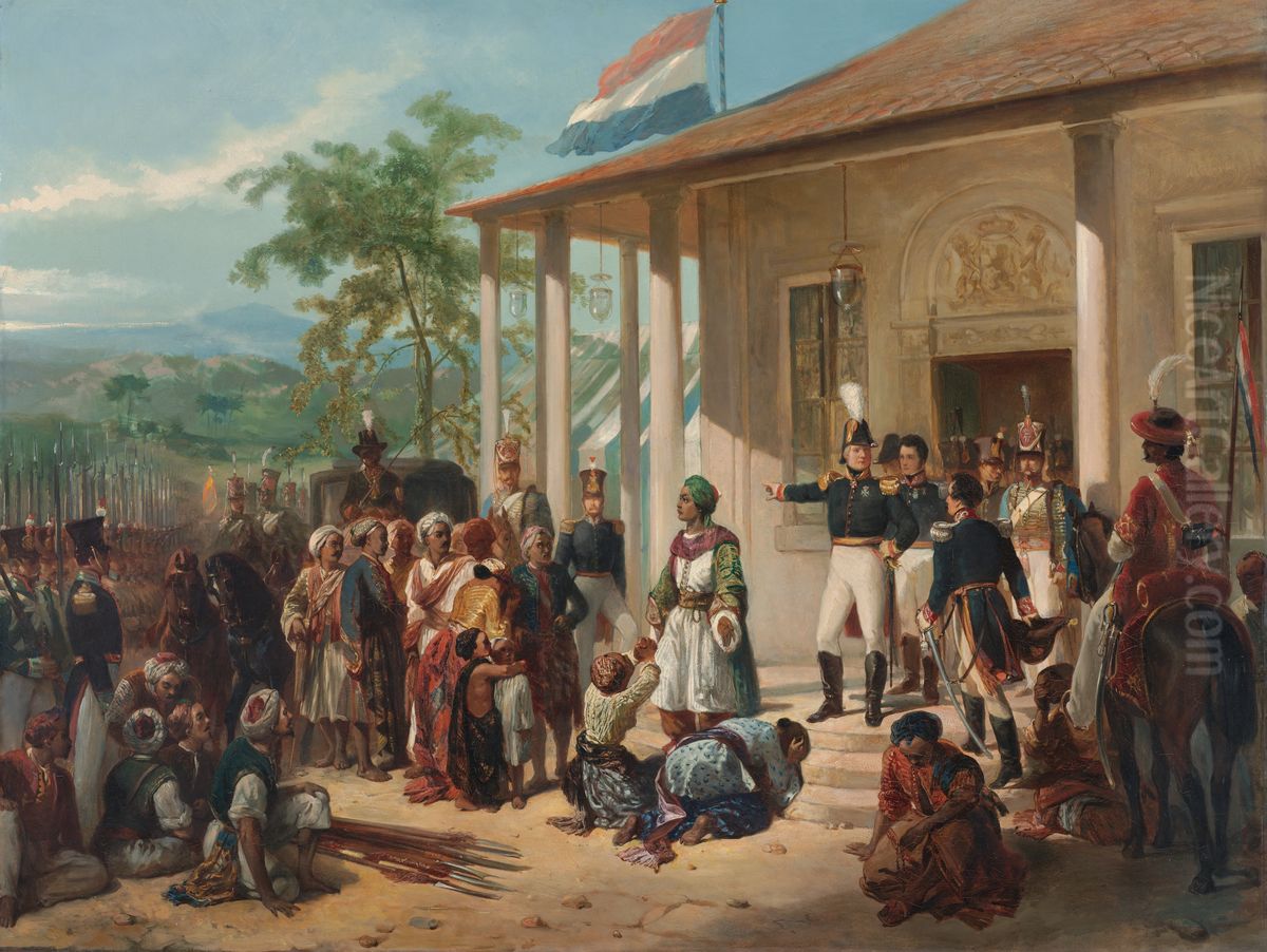 La rendicion deDiponegoroante el teniente generalHendrik Merkus baron de Kock(28 de marzo de 1830), en la que finalizo laGuerra de Java(1825-1830). Oil Painting by Nicolaas Pieneman