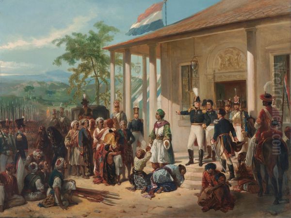 De onderwerping vanDiepo Negoroaan luitenant-generaalHendrik Merkus Baron de Kock, 28 maart 1830, waarmee deJava-oorlog(1825-30) werd beeindigd. Oil Painting by Nicolaas Pieneman