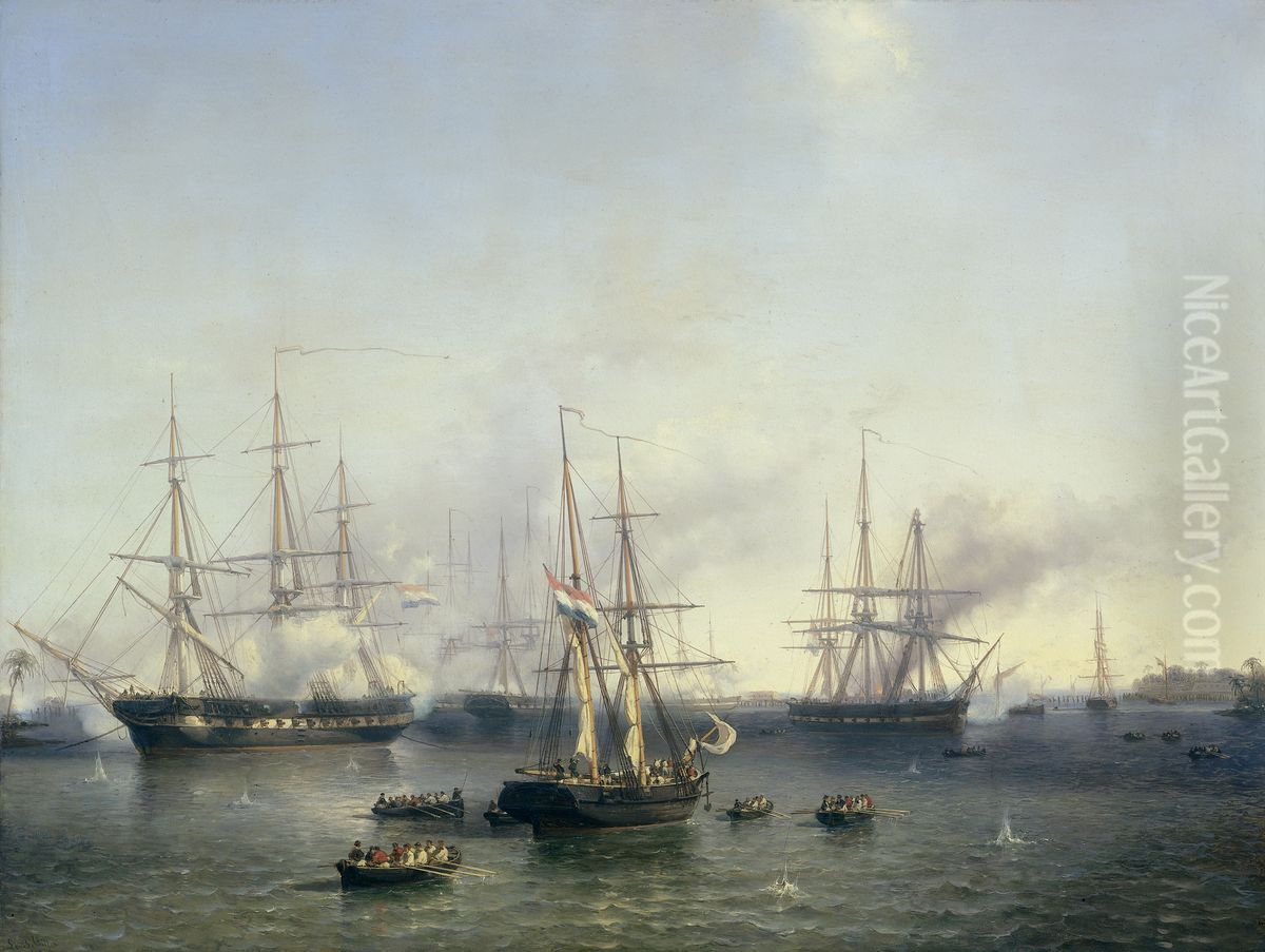 The conquest of Palembang (Sumatra) Oil Painting by Louis Meijer