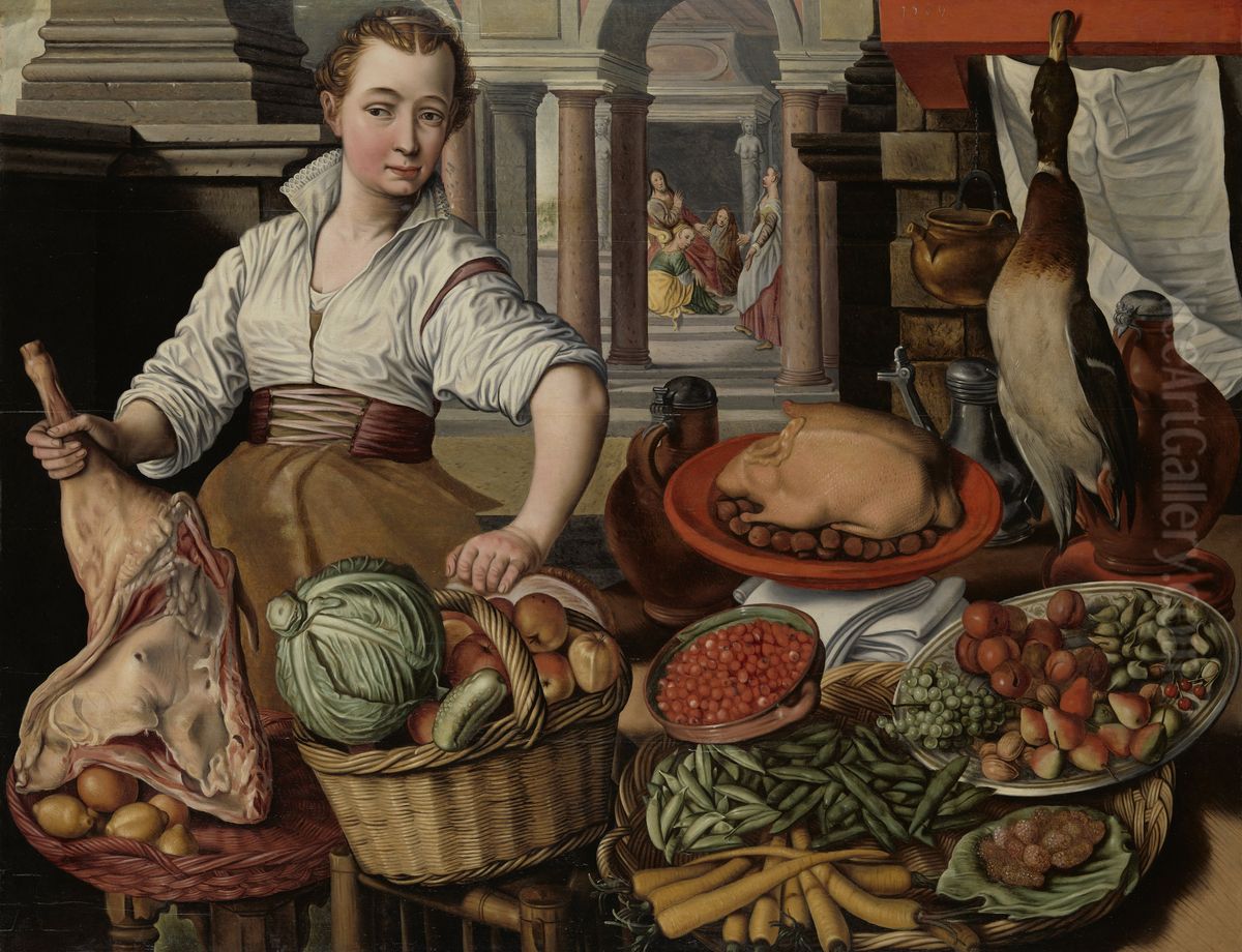 Keukenstuk, met op de achtergrond Jezus bij Martha en Maria Oil Painting by Joachim Beuckelaer