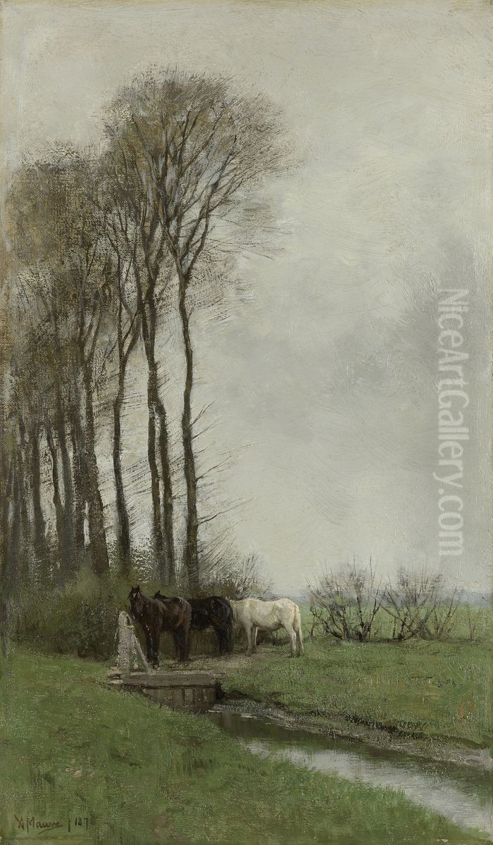 Paarden bij het hek Oil Painting by Anton Mauve