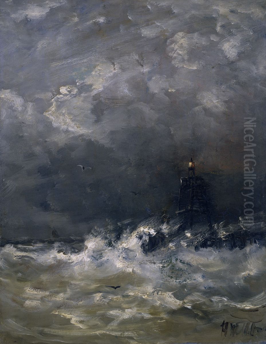 Lighthouse in the Surf Oil Painting by Hendrik Willem Mesdag