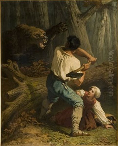 Een beer overvalt een houthakker, genaamd 'Strijd op leven en dood' Oil Painting by Charles Verlat