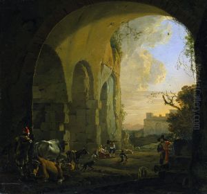 Herders met vee rustend onder de gewelven van het Colosseum te Rome. Herders met vee rustend onder de gewelven van het Colosseum te Rome.
