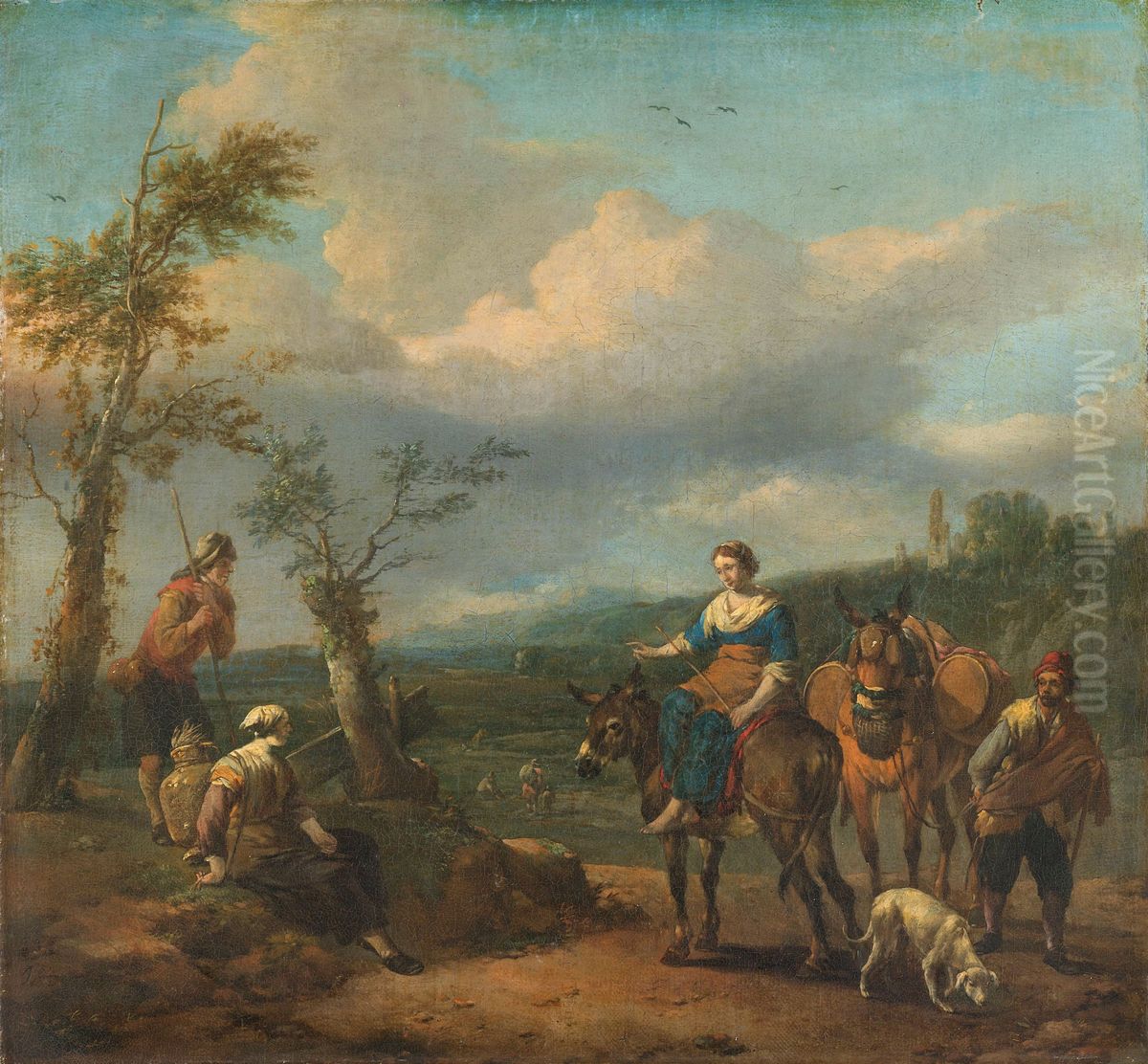 Italiaans landschap met figuren Oil Painting by Johannes Lingelbach