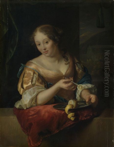 Jonge vrouw met citroen Oil Painting by Godfried Schalcken