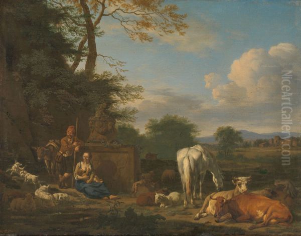 Arcadian Landscape with resting Shepherds and Animals Oil Painting by Adriaen Van De Velde