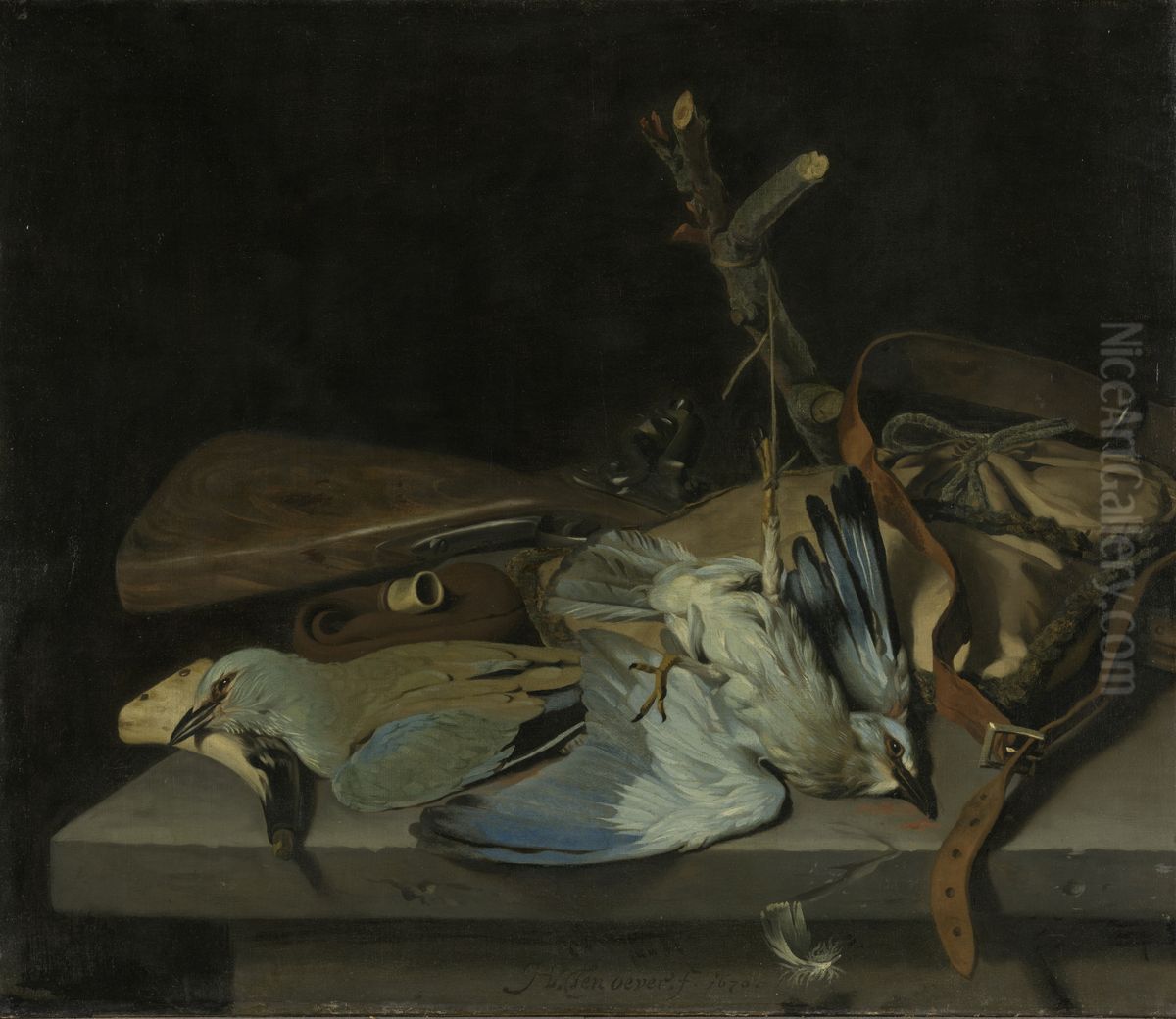 Still life with hunting implements and birds Oil Painting by Hendrick ten Oever