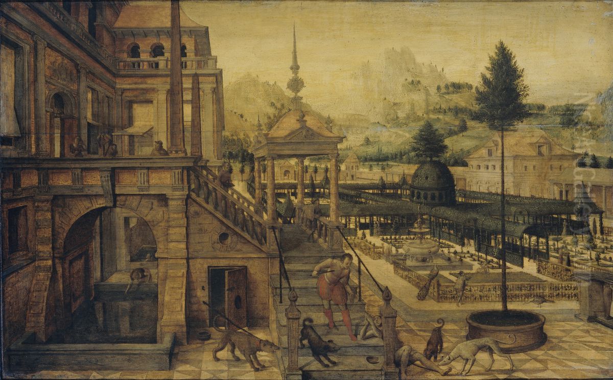 Parkaanleg bij een paleis met op de voorgrond de arme Lazarus Oil Painting by Hans Vredeman de Vries