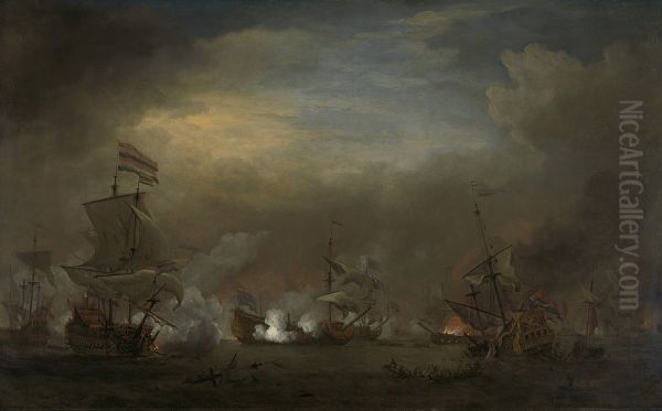 Encounter during the Battle of Kijkduin Oil Painting by Willem van de Velde the Younger