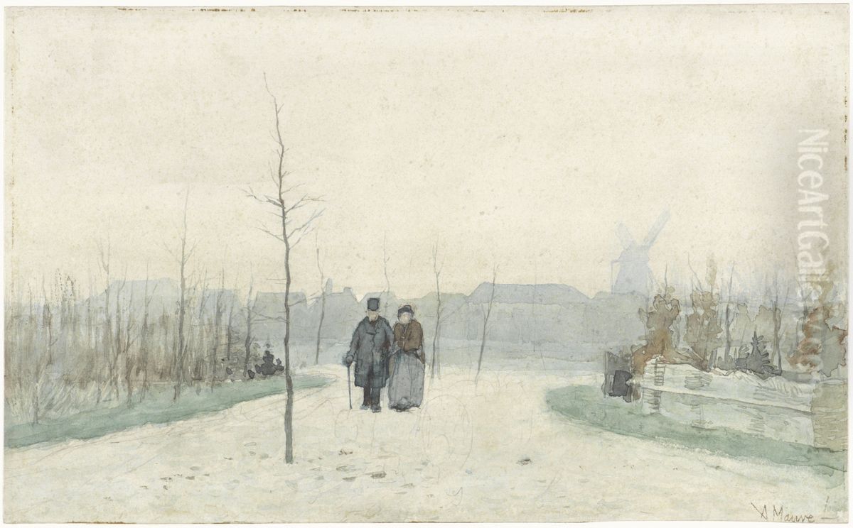 Oud paar in een nieuw aangelegd park Oil Painting by Anton Mauve
