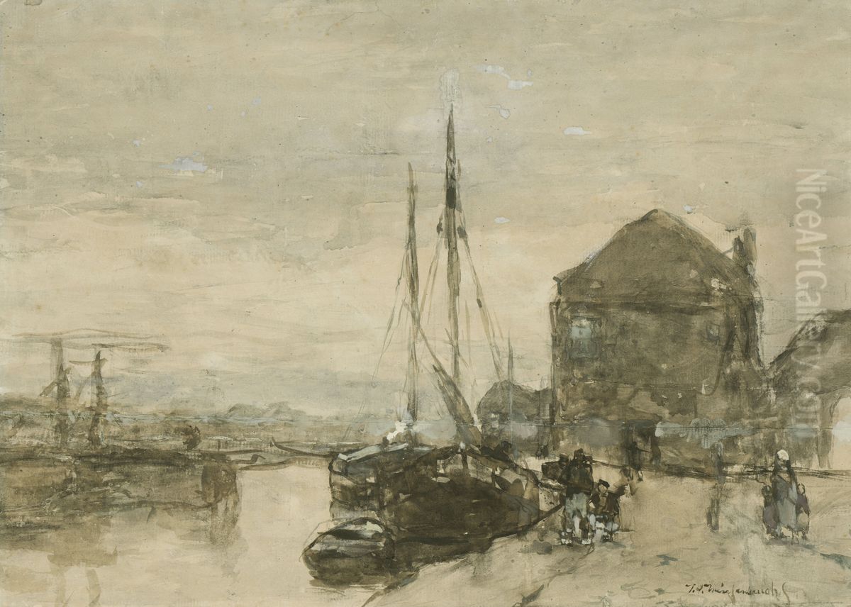 Gezicht op de Turfmarkt met de Eendjespoort in Haarlem Oil Painting by Johan Hendrik Weissenbruch