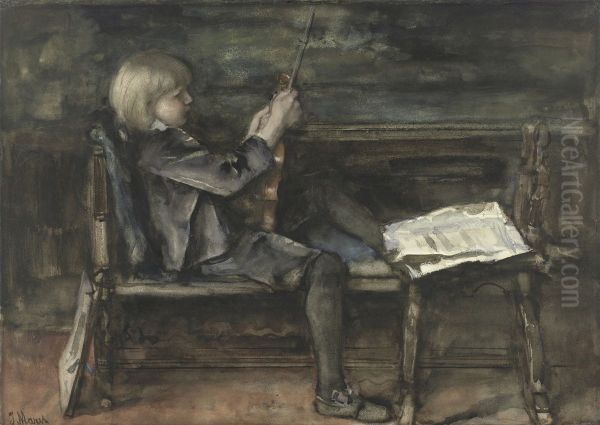 Portret van Willem Matthijs Maris, met viool Oil Painting by Jacob Maris