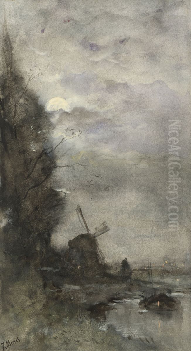 Landschap met molen bij maanlicht Oil Painting by Jacob Maris