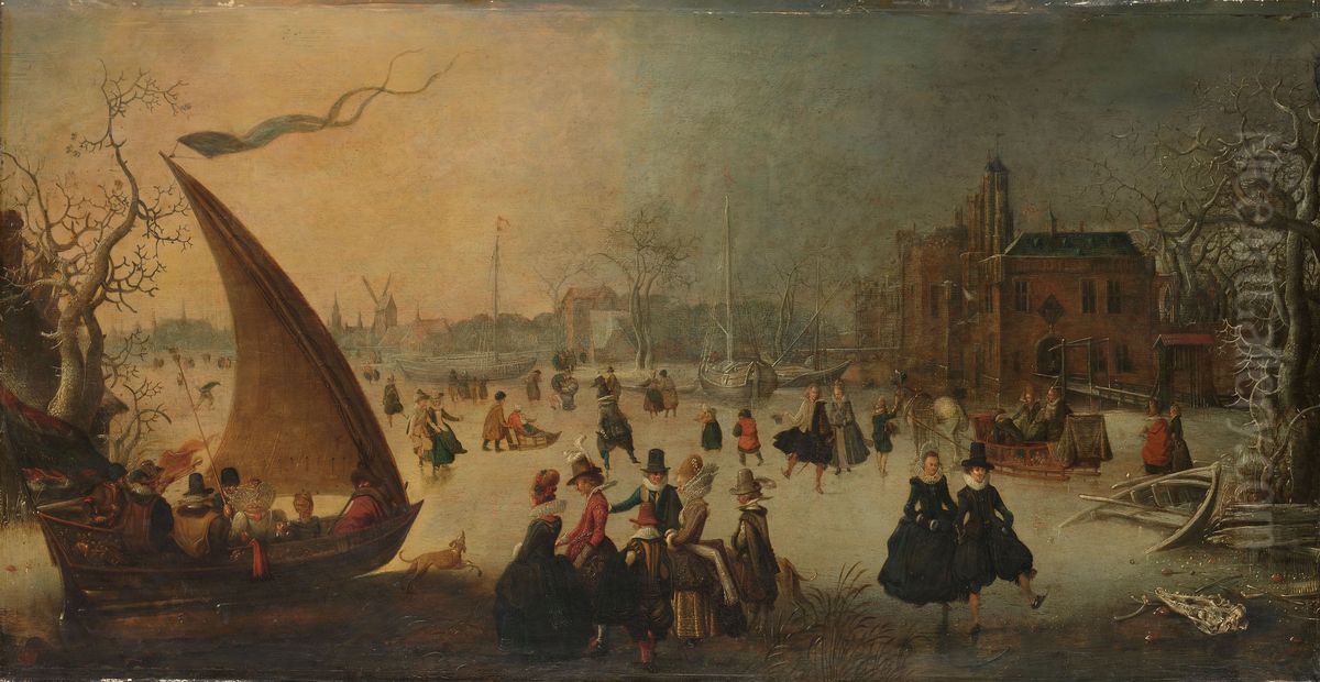 Landscape with frozen Canal, Skaters and an Ice-Boat Oil Painting by David Vinckboons I