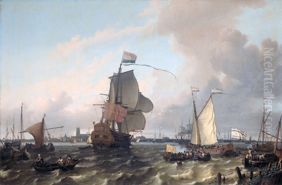 The Man-of-War Brielle on the River Maas off Rotterdam Oil Painting by Ludolf Bakhuizen