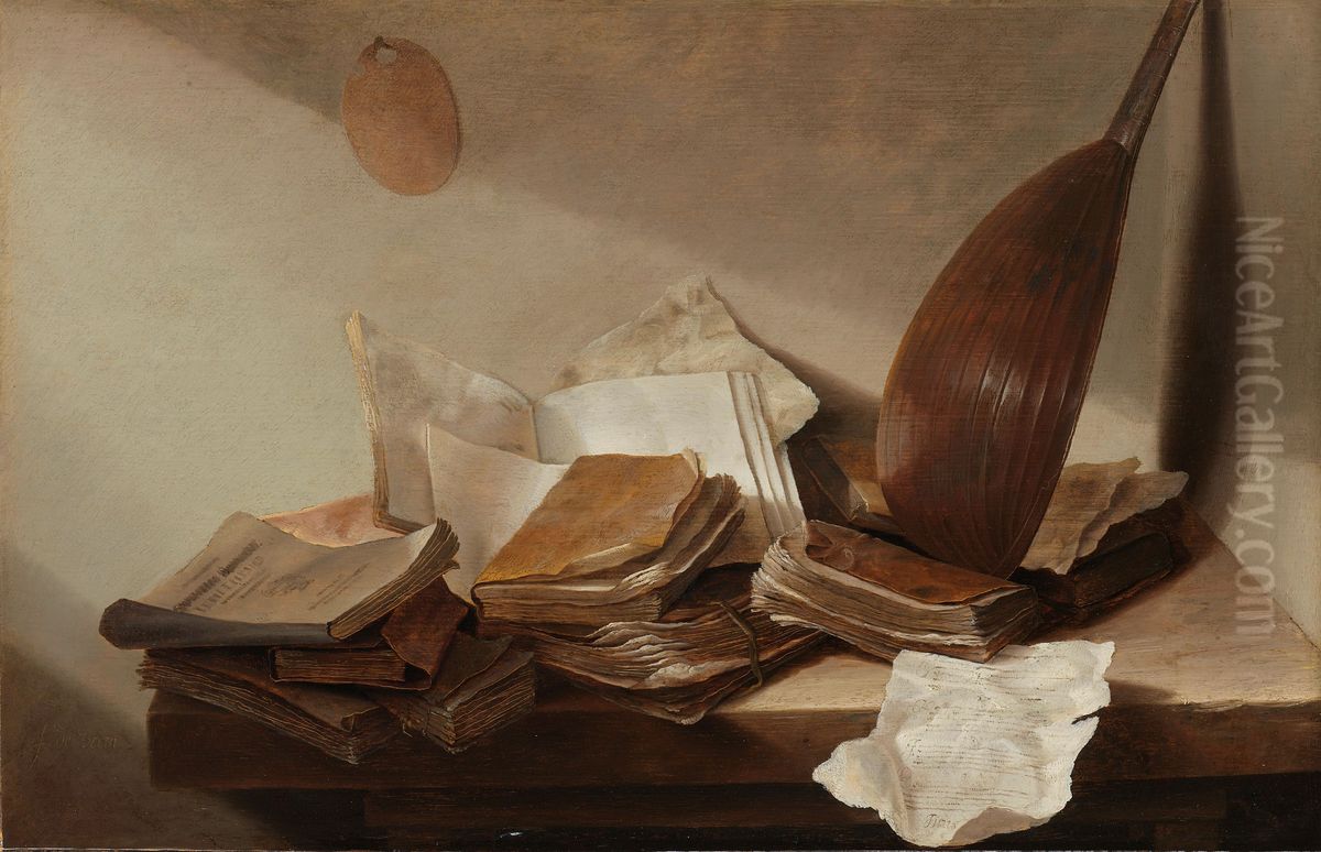 Still Life with Books and a Lute Oil Painting by Jan Davidsz. De Heem