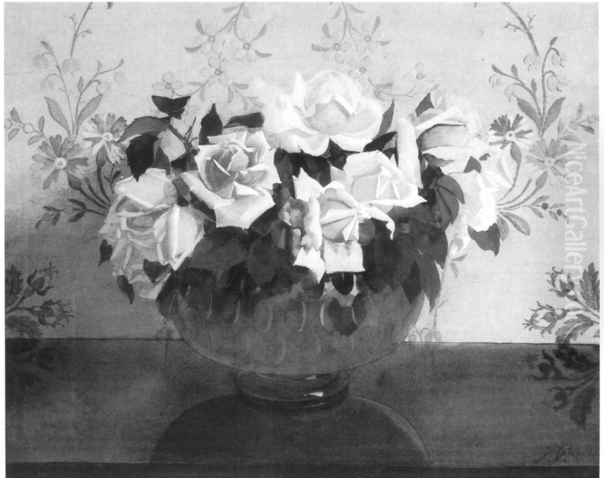Roses in a glass bowl Oil Painting by Jan Voerman