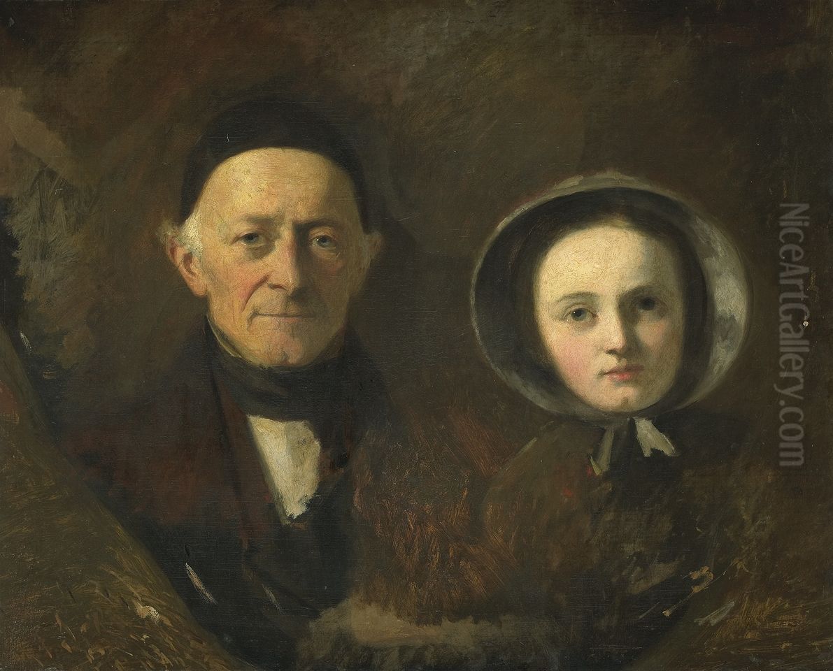Portrait of Johann Joseph Hermann, the Artist's Father-in-Law, with his Grandchild Ida Schwartze, the Artist's oldest Daughter Oil Painting by Johan Georg Schwartze