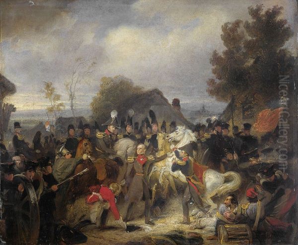 De vervanging van het gewonde paard van de prins van Oranje, de latere koning Willem II, tijdens het gevecht bij Boutersem, 12 augustus 1831 Oil Painting by Cornelis Kruseman