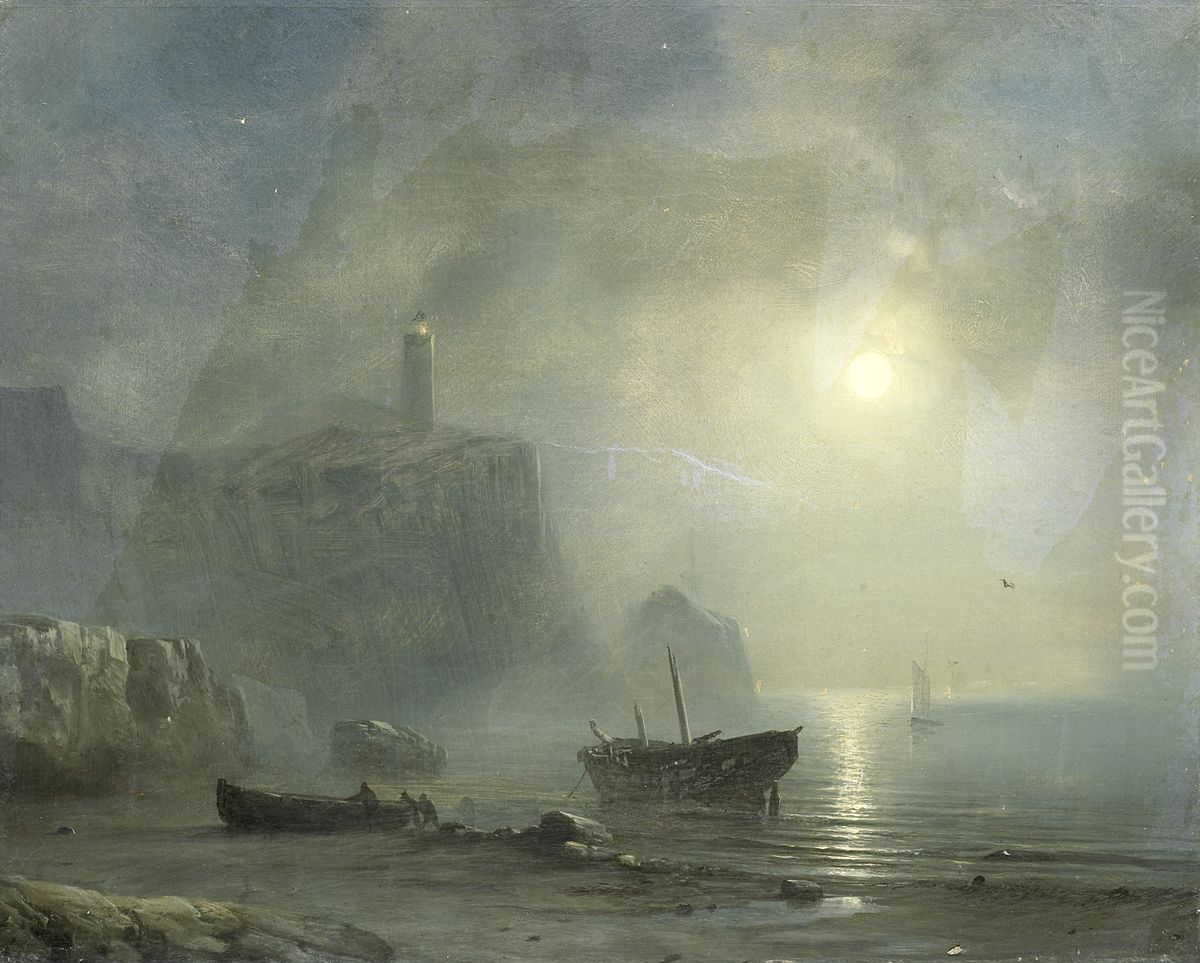 View of a Rocky Coast by Moonlight Oil Painting by Theodore Gudin