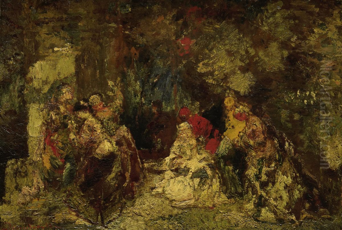 Women in a Forest Oil Painting by Adolphe Joseph Thomas Monticelli
