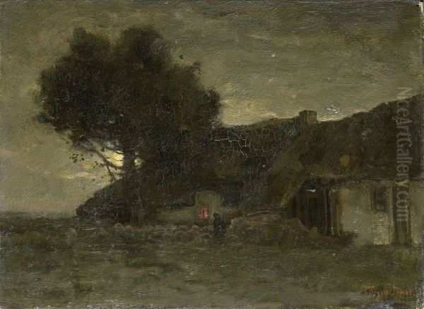Een schaapskooi bij avondlicht Oil Painting by Theophile De Bock