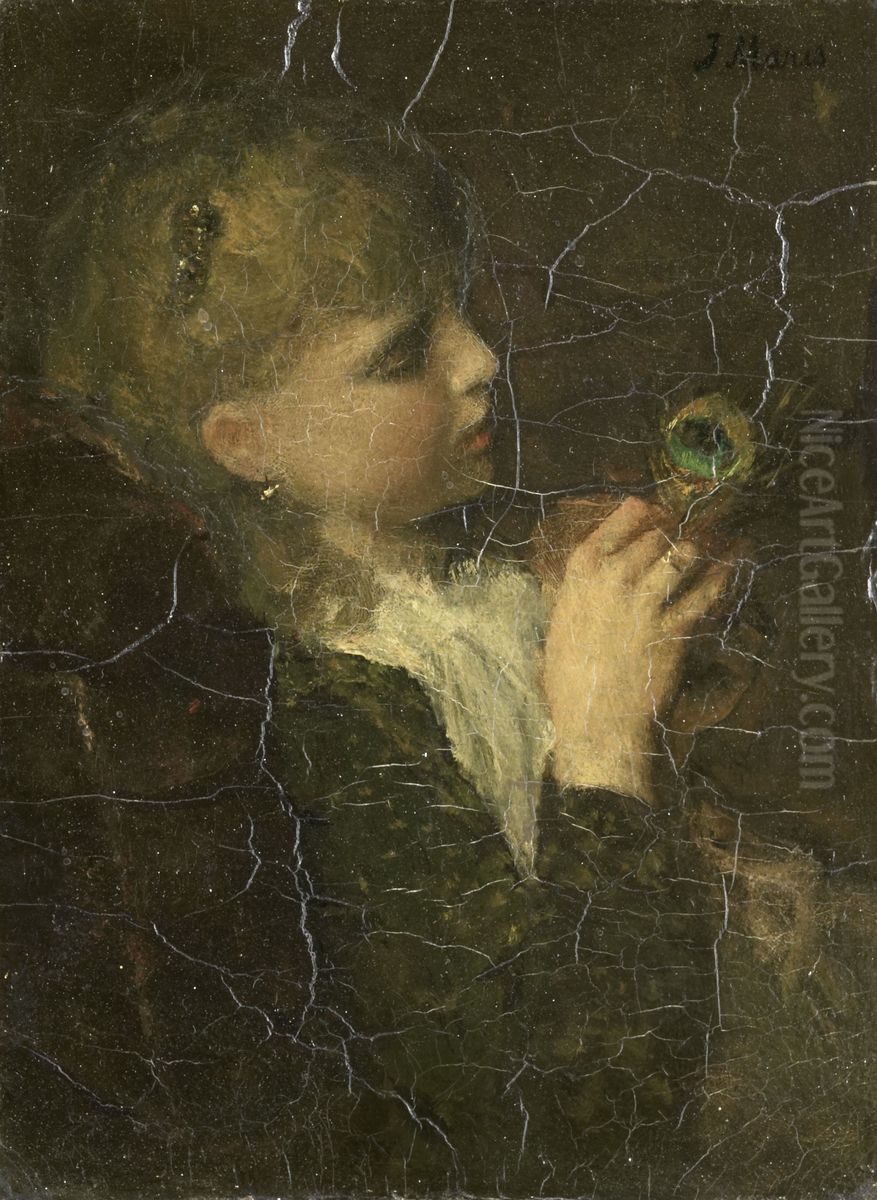 Meisje met pauwenveer Oil Painting by Jacob Maris