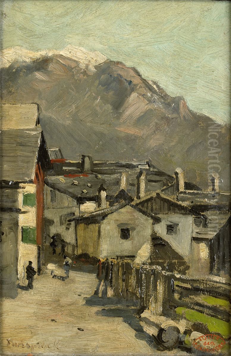 Landhuizen aan een weg, waarachter een hoge berg (Innsbruck?) Oil Painting by Geo Poggenbeek