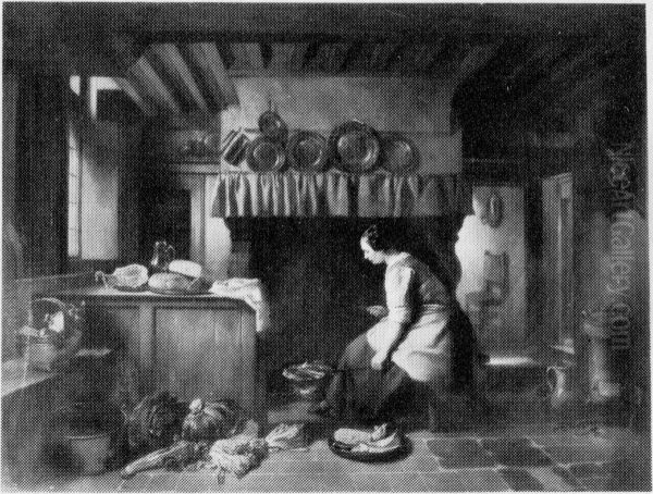 A Flemish Kitchen Oil Painting by Hubertus van Hove