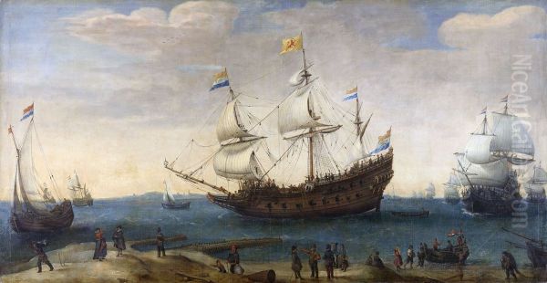Een aantal Oostindievaarders voor de kust Oil Painting by Hendrick Cornelisz Vroom