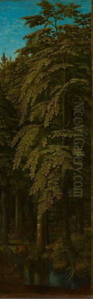 Buitenzijde van de rechtervleugel van een drieluik met een bosgezicht Oil Painting by Gerard David