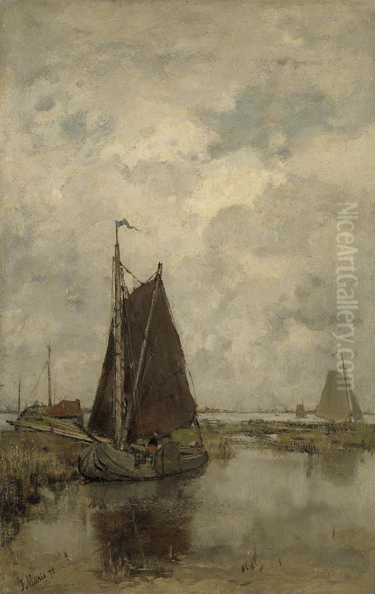 Gray day with ships Oil Painting by Jacob Maris