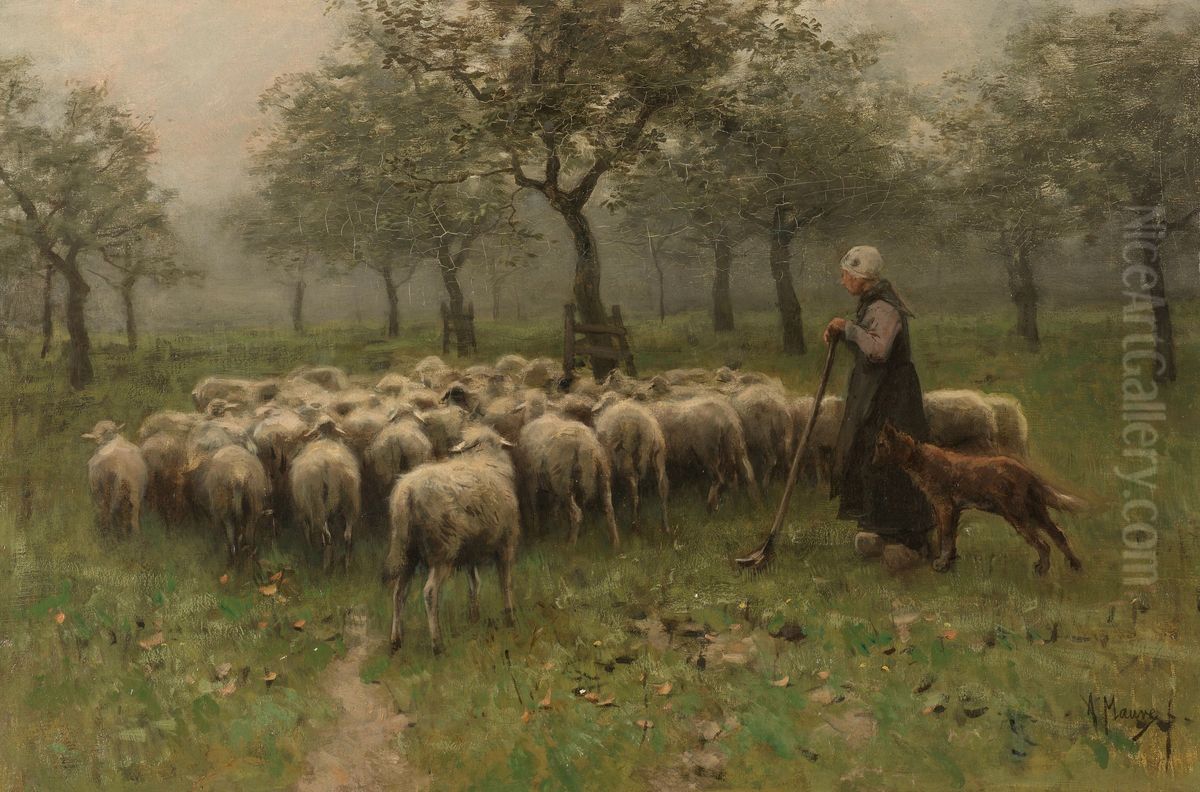Herderin met kudde schapen Oil Painting by Anton Mauve