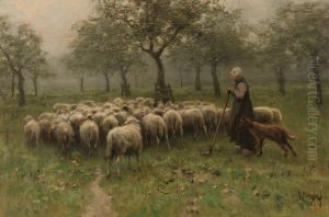 Herderin met kudde schapen