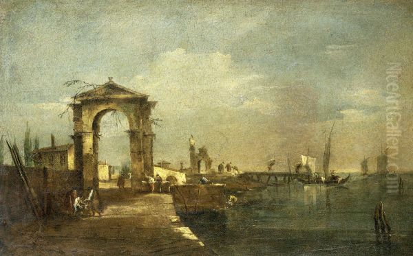Landschap met een kade en schepen op een meer Oil Painting by Francesco Guardi