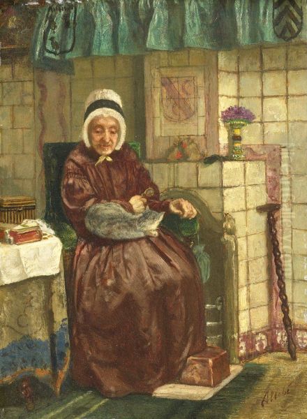 Old Woman by a Hearth Oil Painting by August Allebe