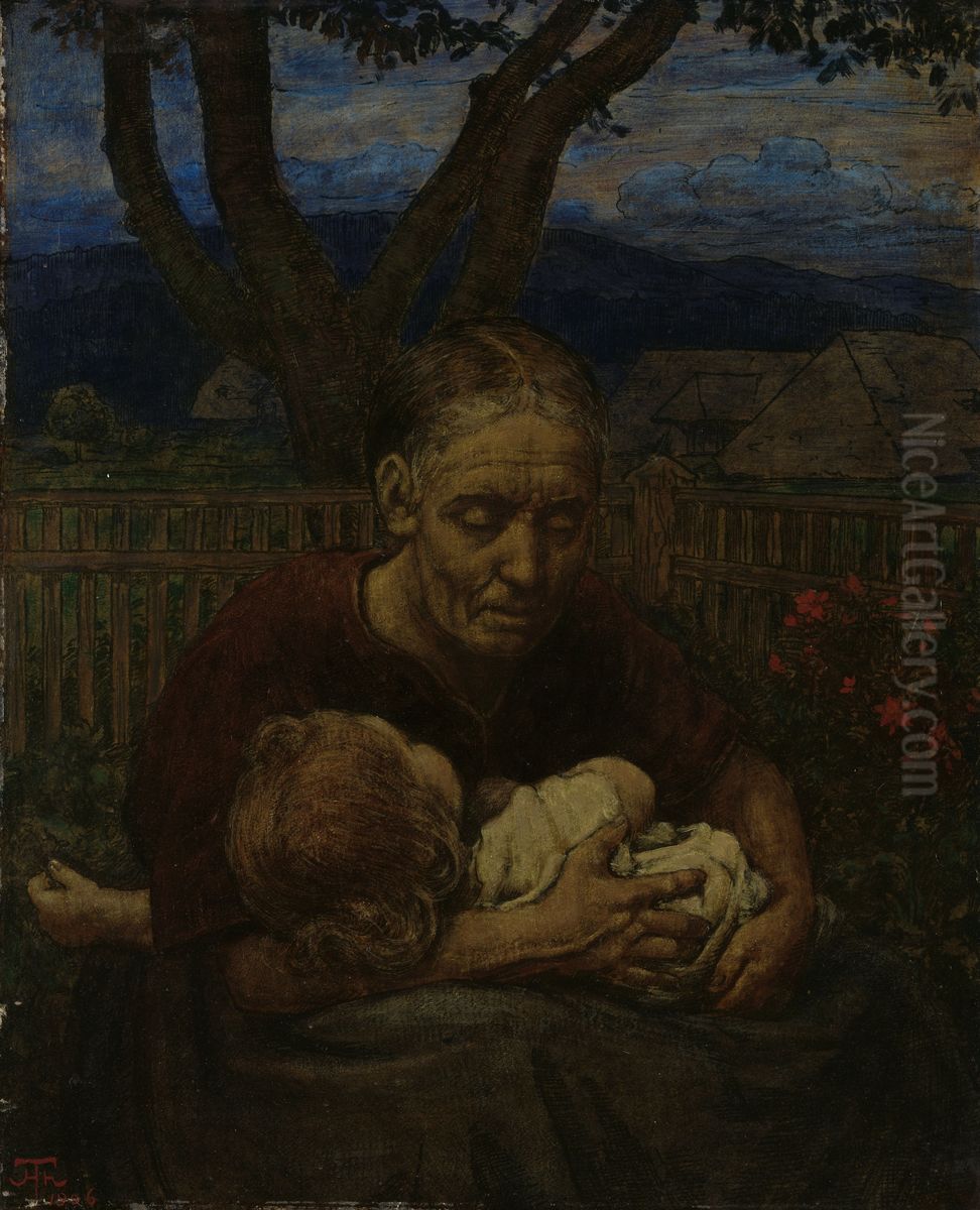 Mother and Child in a Garden Oil Painting by Hans Thoma