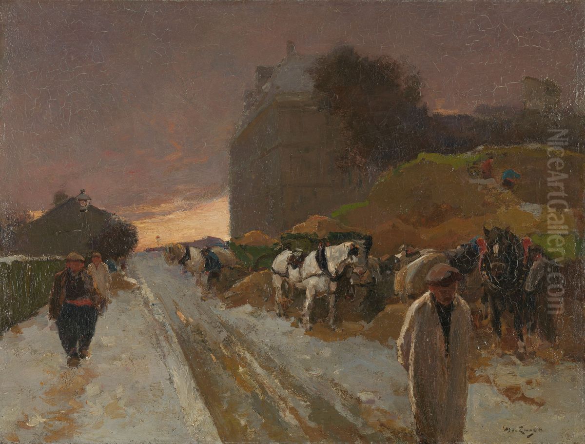 Straat in Montmartre, Parijs, bij winter Oil Painting by Willem de Zwart