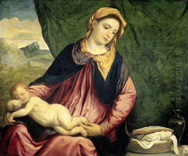 Madonna with Sleeping Child Oil Painting by Paris Bordone
