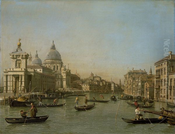 The Entrance to the Canal Grande at the Punta della Dogana and the Santa Maria della Salute Oil Painting by Canaletto