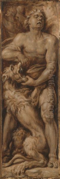 Simson verscheurt de leeuw Oil Painting by Maarten Van Heemskerck