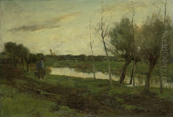 Landschap met een vaart Oil Painting by Geo Poggenbeek