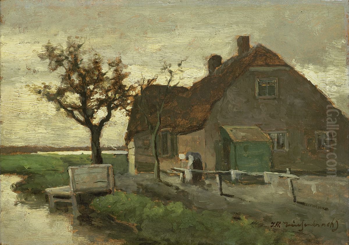 Boerenhuis aan een vaart Oil Painting by Johan Hendrik Weissenbruch