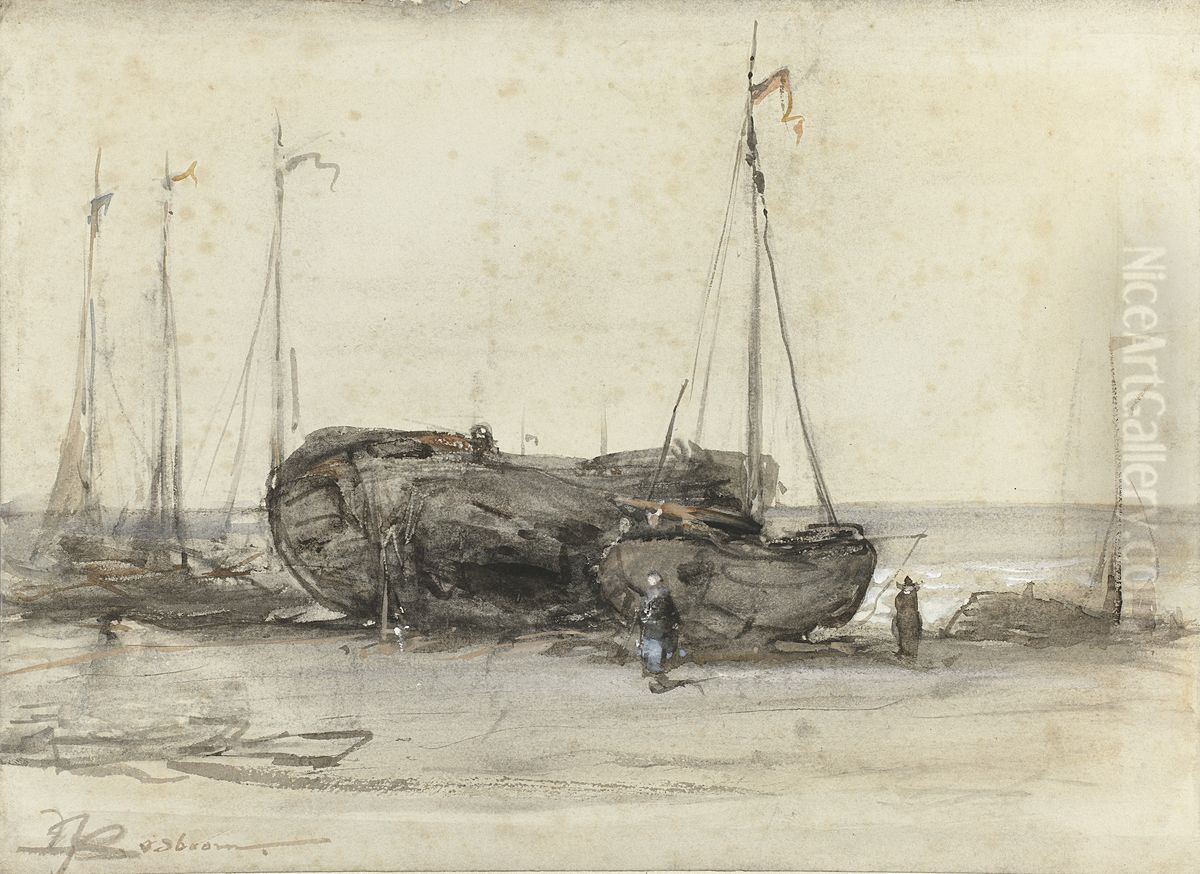 Fishing Boats on the Beach of Scheveningen Oil Painting by Johannes Bosboom