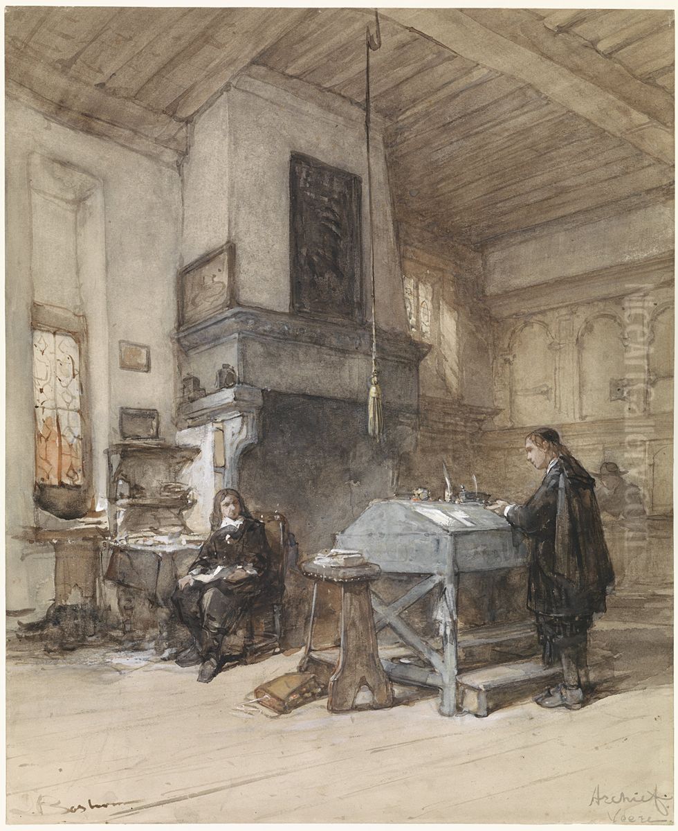 Archief te Veere met figuren in zeventiende-eeuws kostuum Oil Painting by Johannes Bosboom