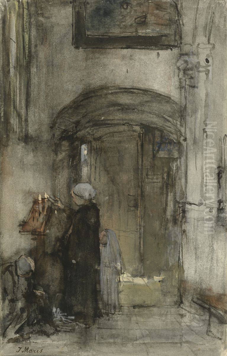 Vissersvrouw met haar dochtertje als 'bruidje' steekt een kerkkaars aan Oil Painting by Jacob Maris
